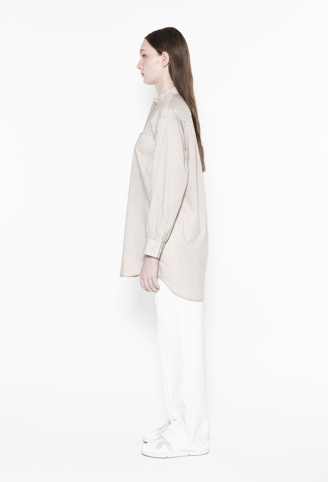 ZORAN - Stand Collar Long Sleeve Cotton Shirt in Ivory