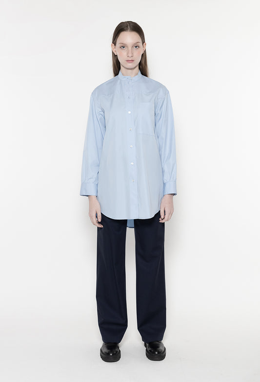 ZORAN - Stand Collar Long Sleeve Cotton Shirt in Sky Blue