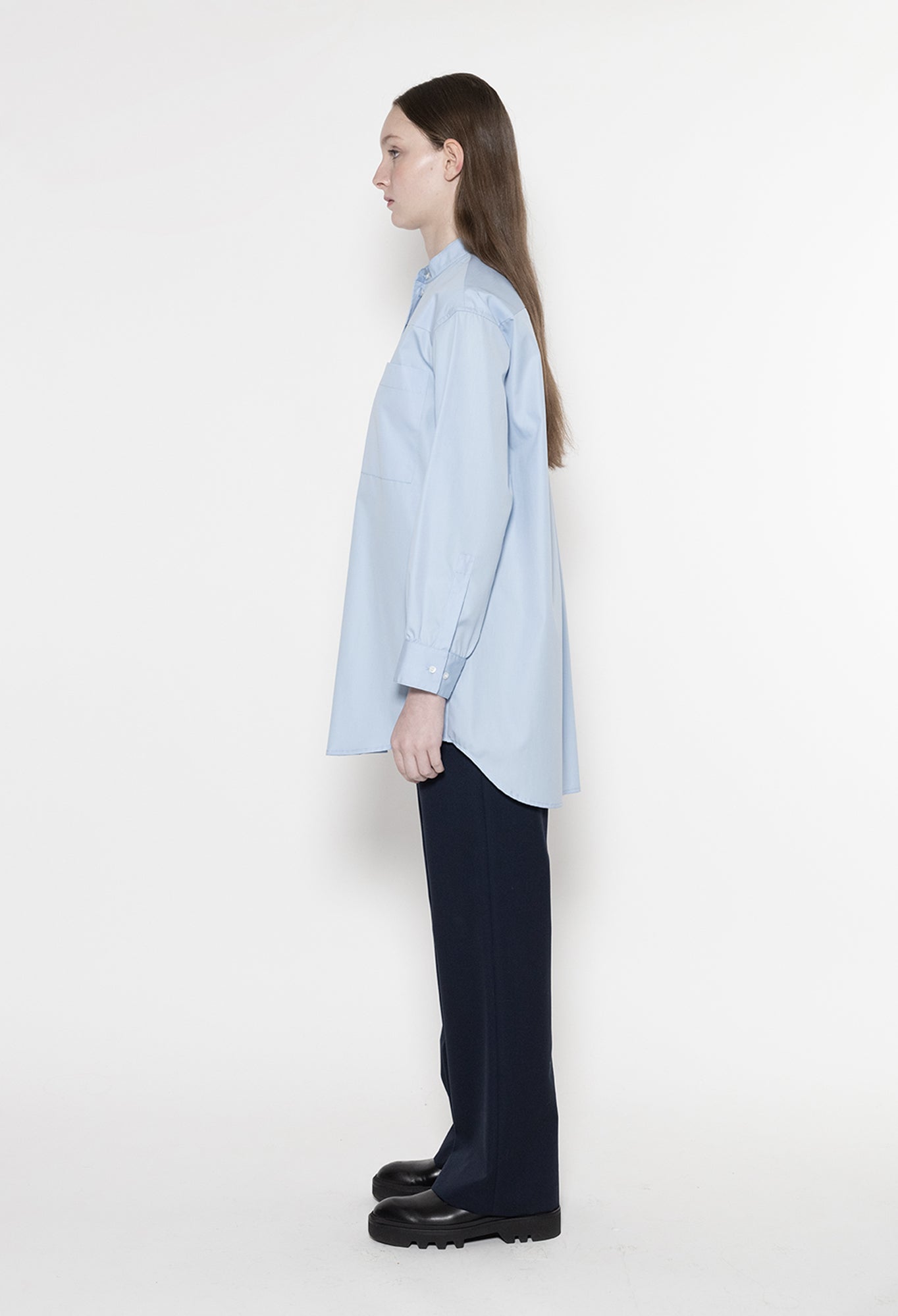 ZORAN - Stand Collar Long Sleeve Cotton Shirt in Sky Blue