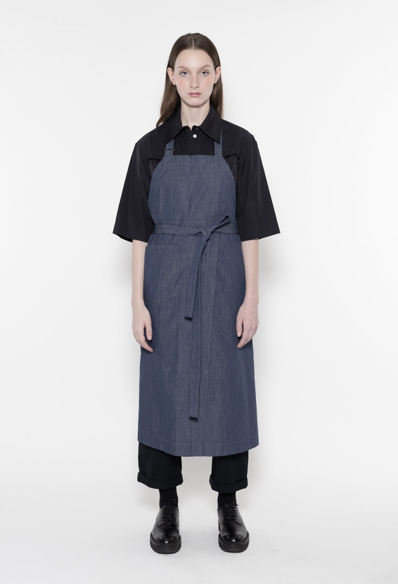 FRANCES - Cotton Linen Blend Apron With Split Leg Detail in Navy