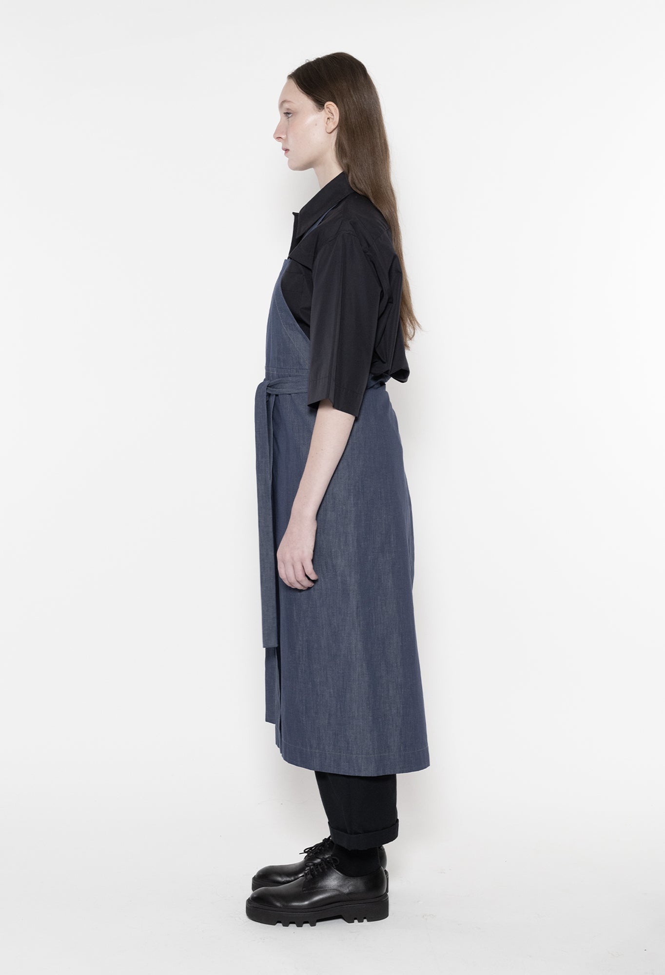 FRANCES - Cotton Linen Blend Apron With Split Leg Detail in Navy