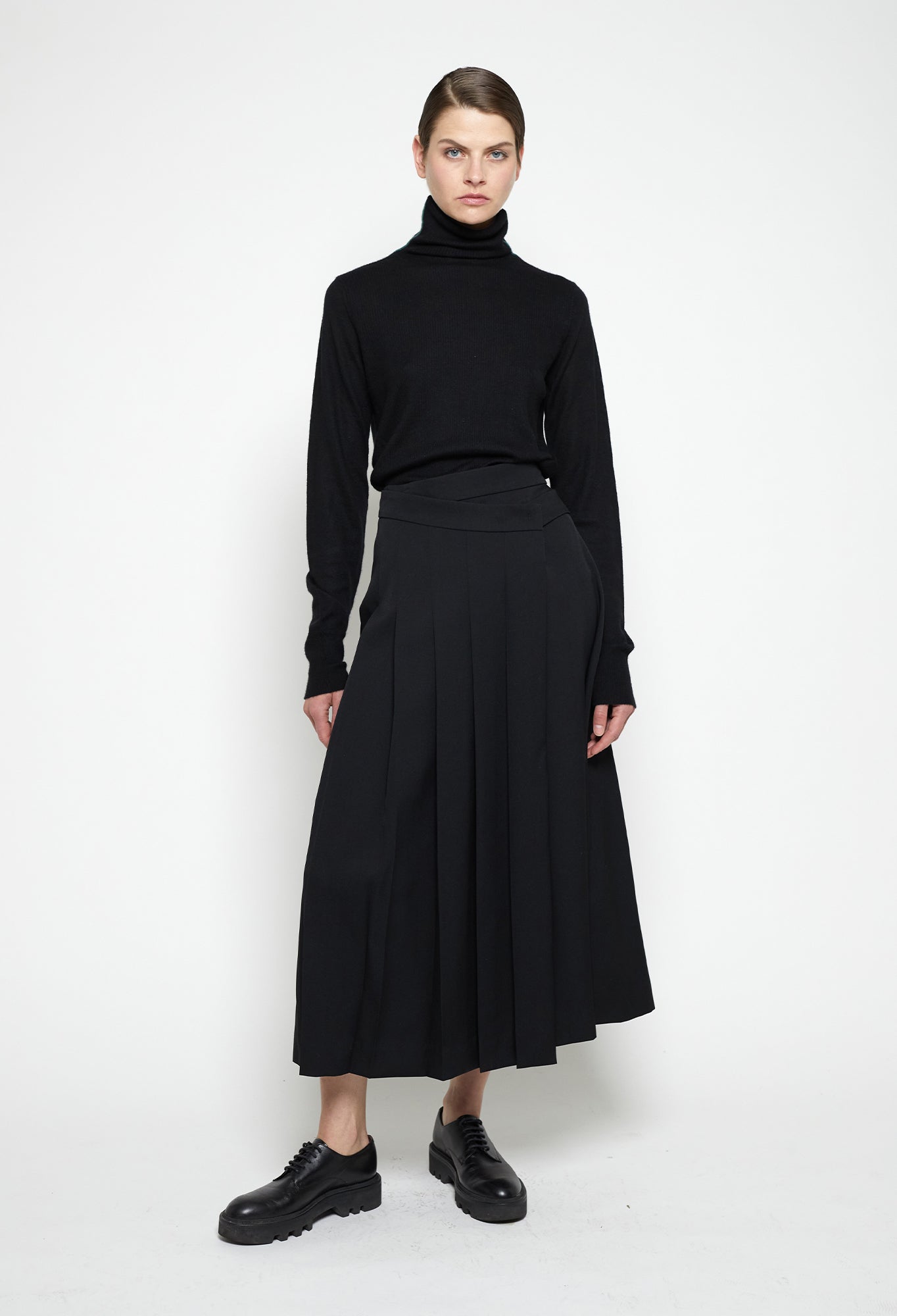 FLORENTINE - Pleated Wrap Wool Gabardine Skirt in Black