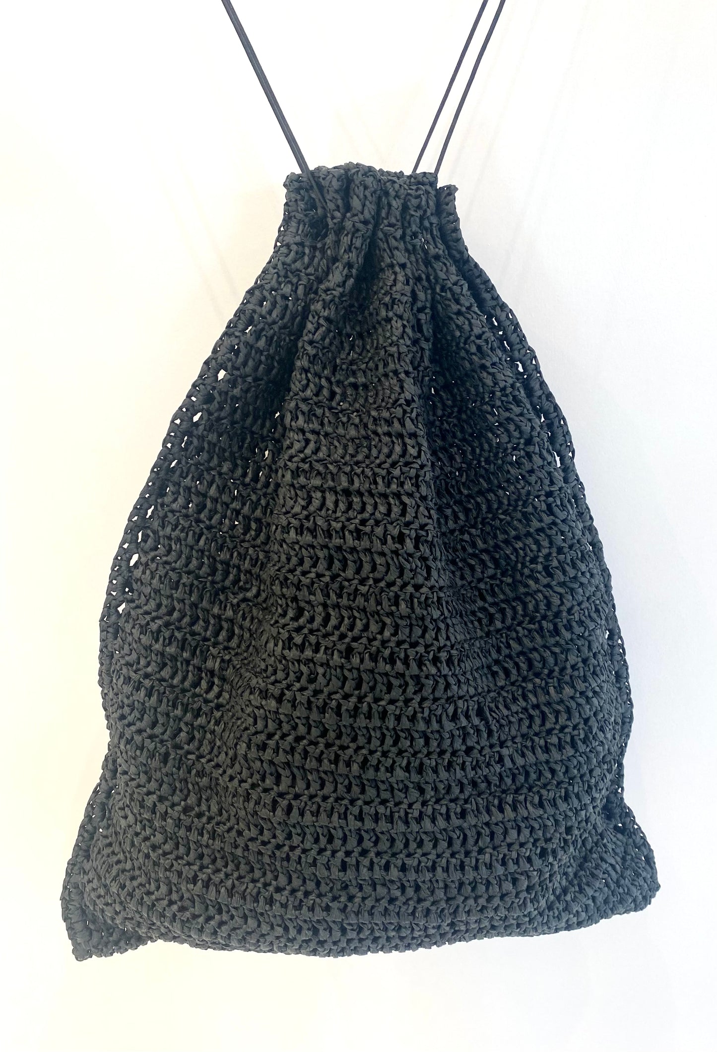 Raffia Drawstring Bag in Black