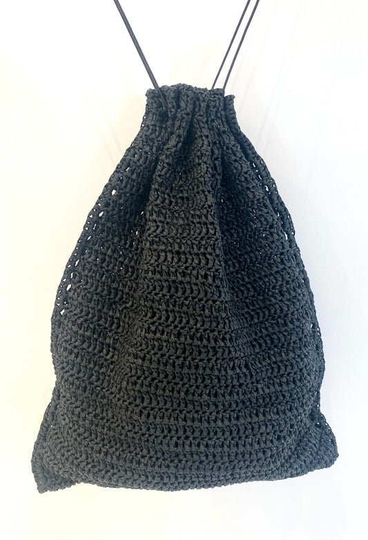 Raffia Drawstring Bag in Black