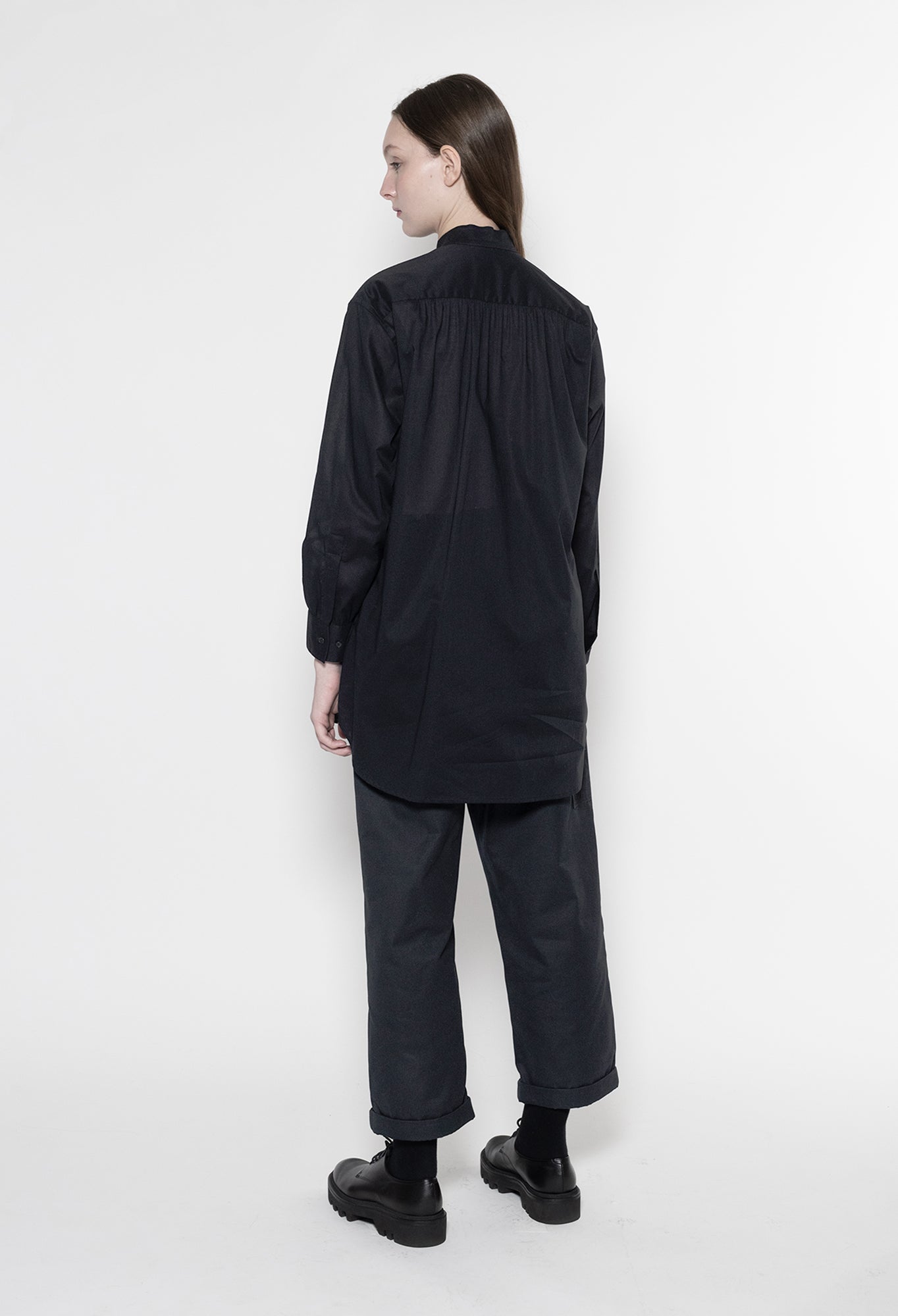 ZORAN - Stand Collar Long Sleeve Cotton Shirt in Black