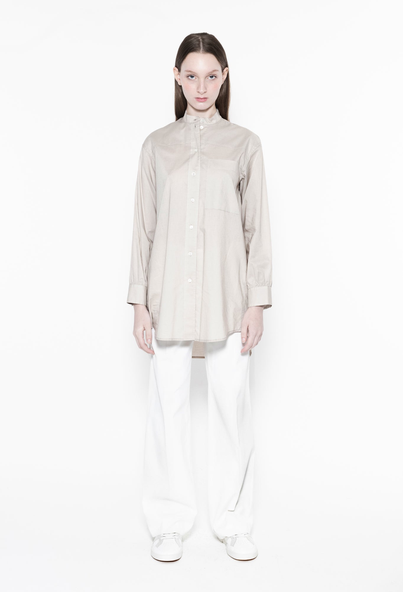 ZORAN - Stand Collar Long Sleeve Cotton Shirt in Ivory