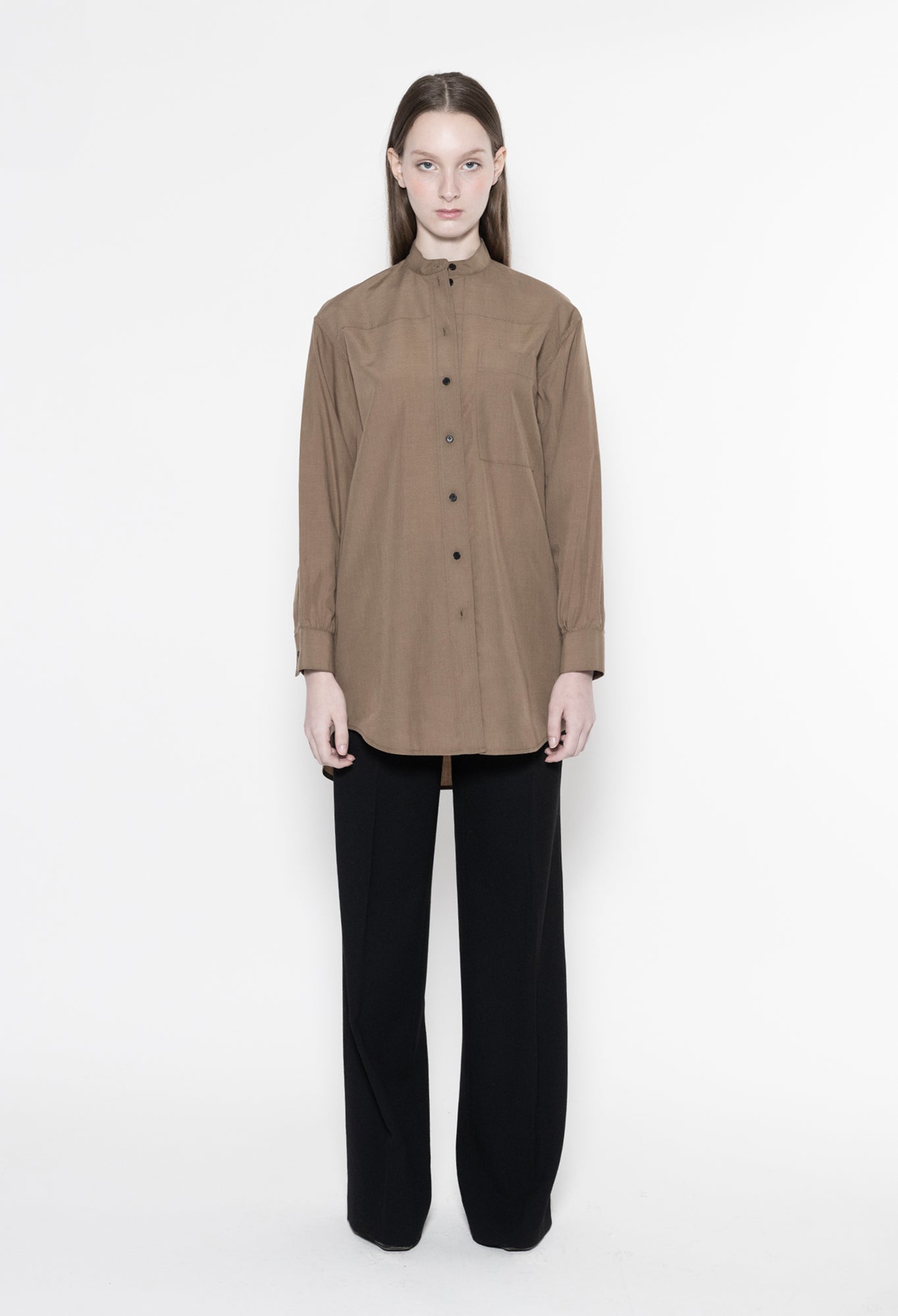 ZORAN - Stand Collar Long Sleeve Tencel Shirt in Oak