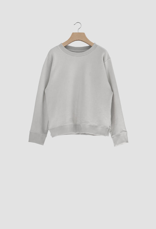 Gray sweatshirt on a wooden hanger against a white background