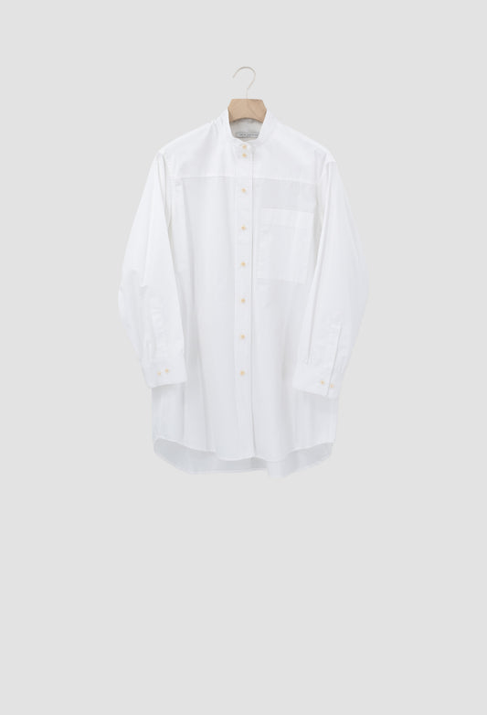 A white long-sleeve button-up shirt with a band collar, displayed on a wooden hanger against a light gray background.