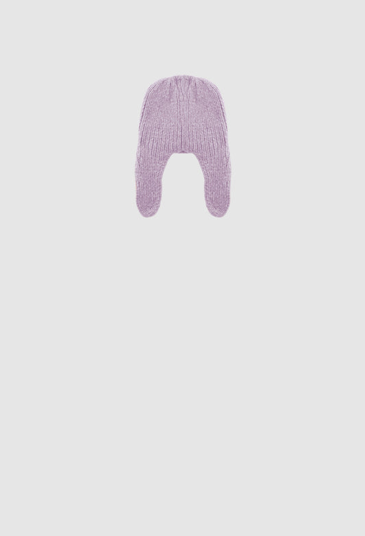 Purple knit baby hat on a light gray background