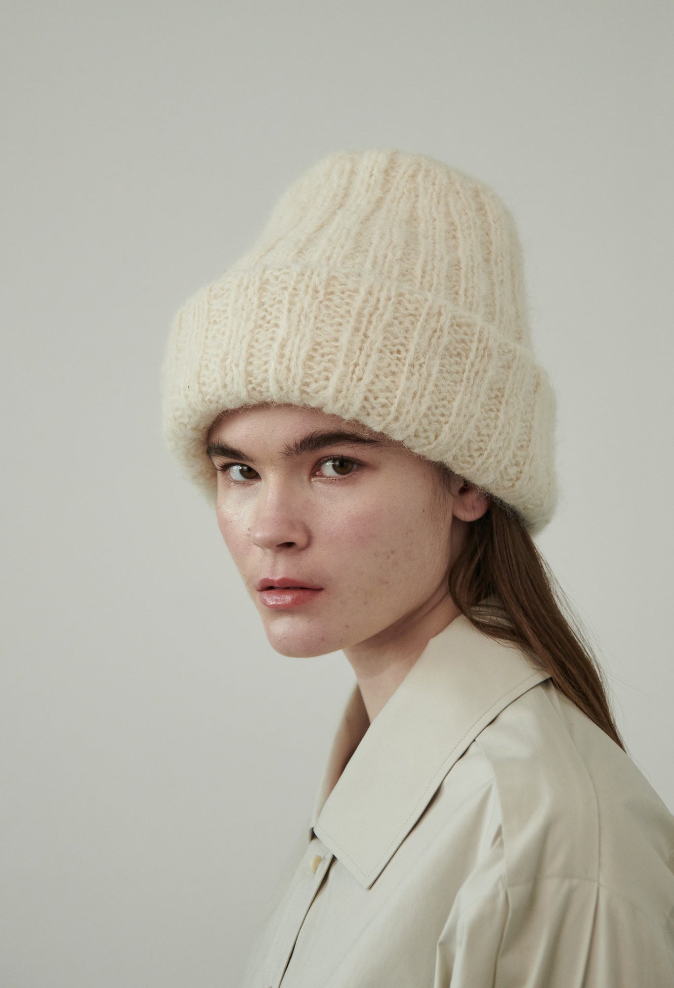 YUKI - Alpaca Double Layered Hand-Knit Ribbed Hat in Ivory