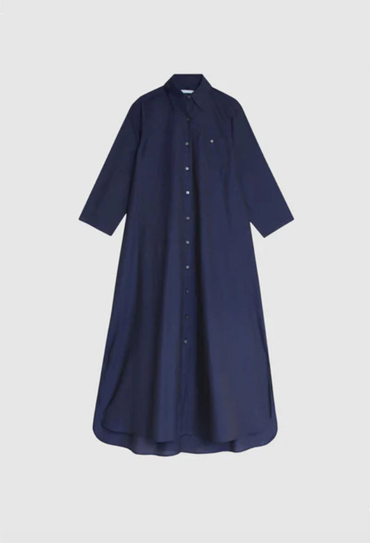 Penelope - A navy blue, long, lightweight shirt dress with a collar and buttons down the front.